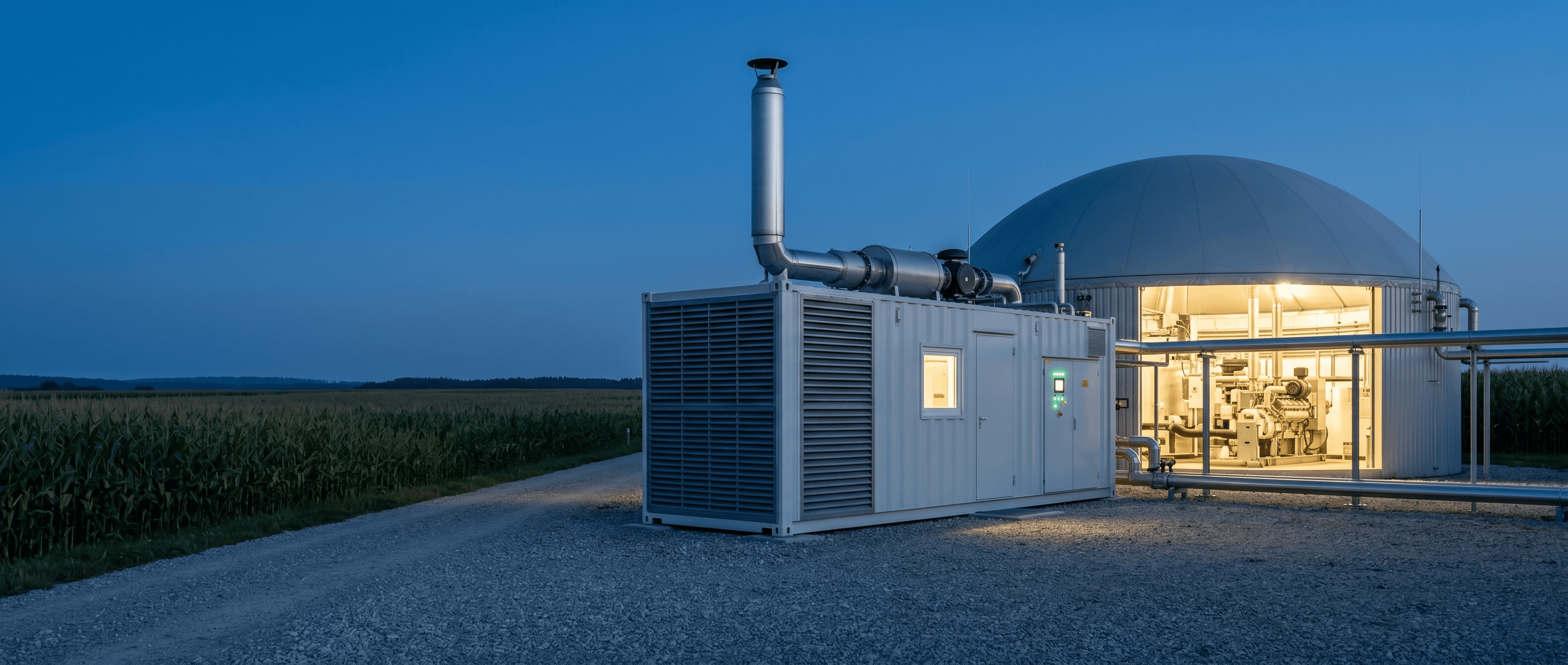 BHKW Flex-Modul neben Biogas-Fermenter zur blauen Stunde