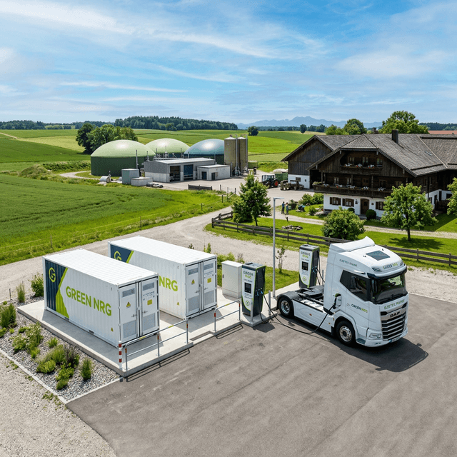 GREEN NRG Energie-Hub am Bauernhof — BHKW, Batteriespeicher und HPC-Ladesäule mit E-LKW