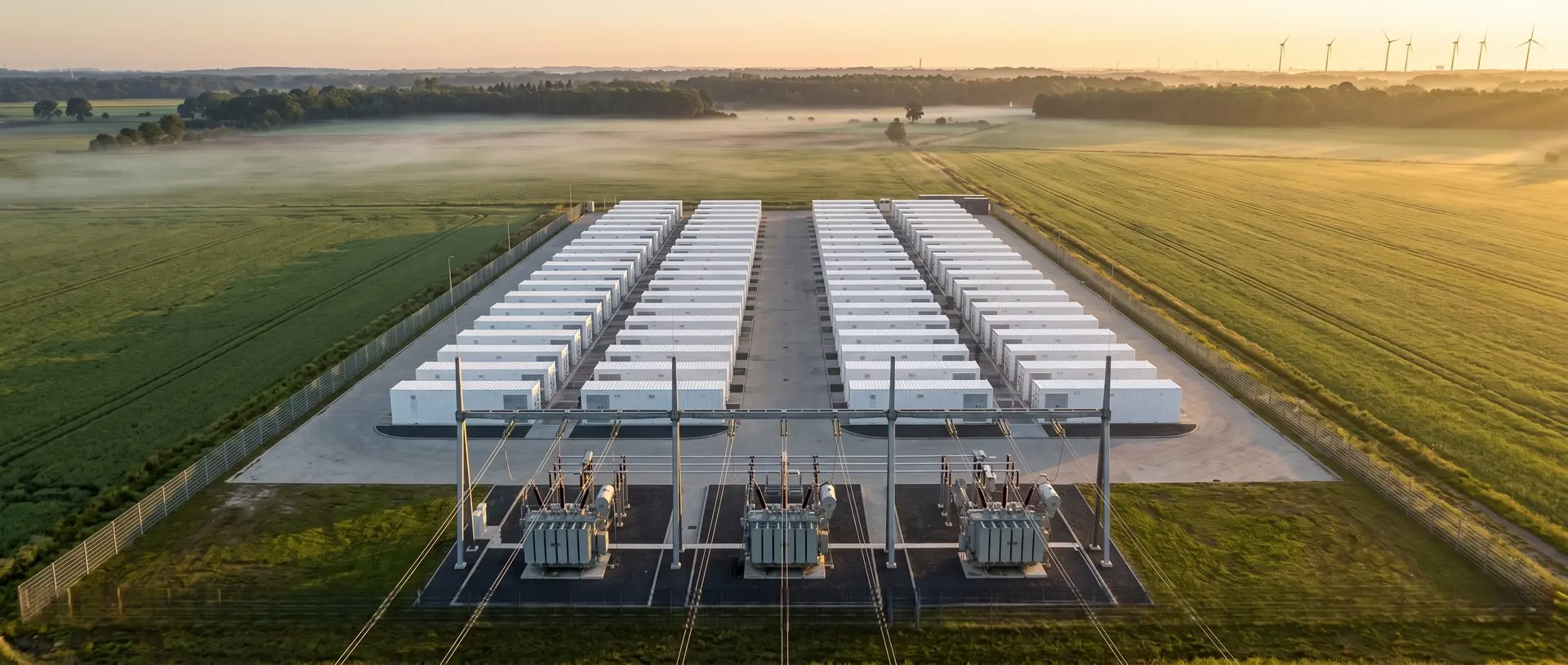Großspeicher · BESS-Containerarray mit Umspannwerk und Windkraftanlagen im Hintergrund
