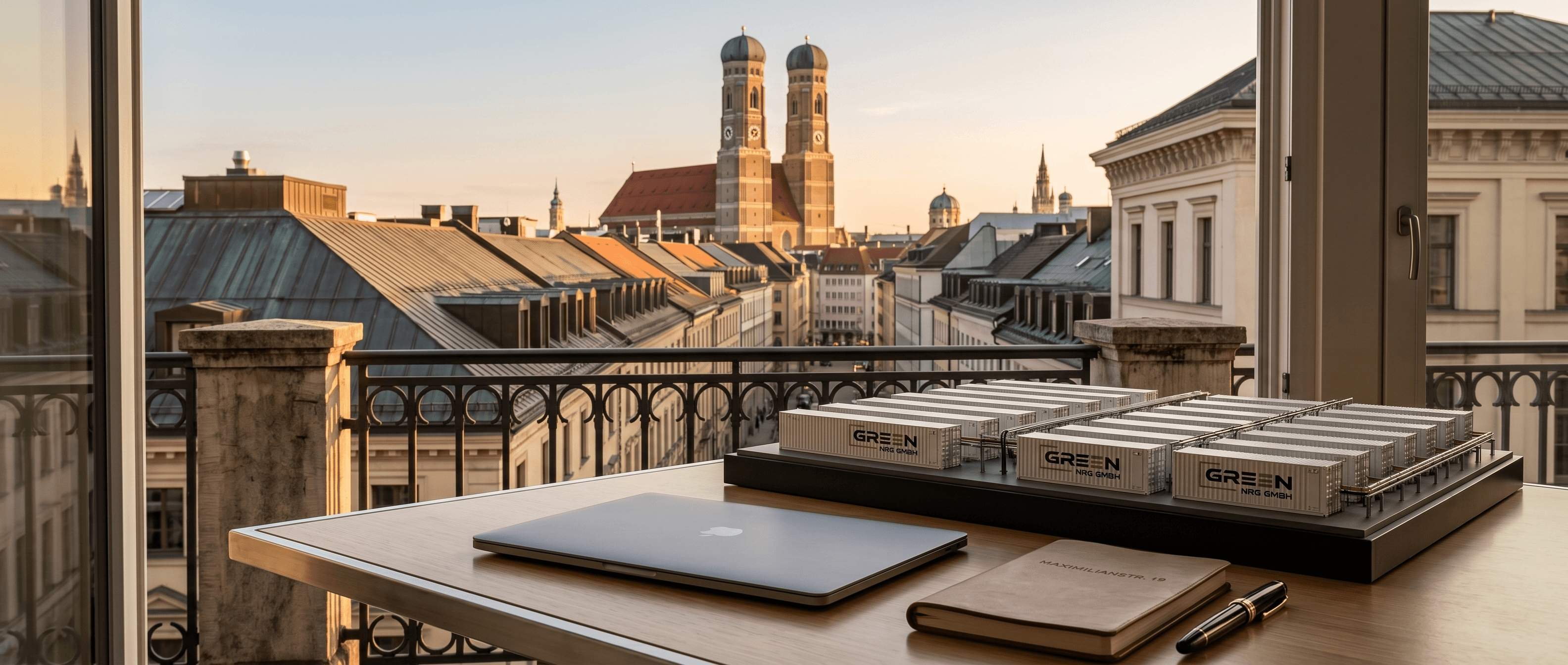 Blick von Maximilianstraße auf die Frauenkirche München mit BESS-Modell am Schreibtisch