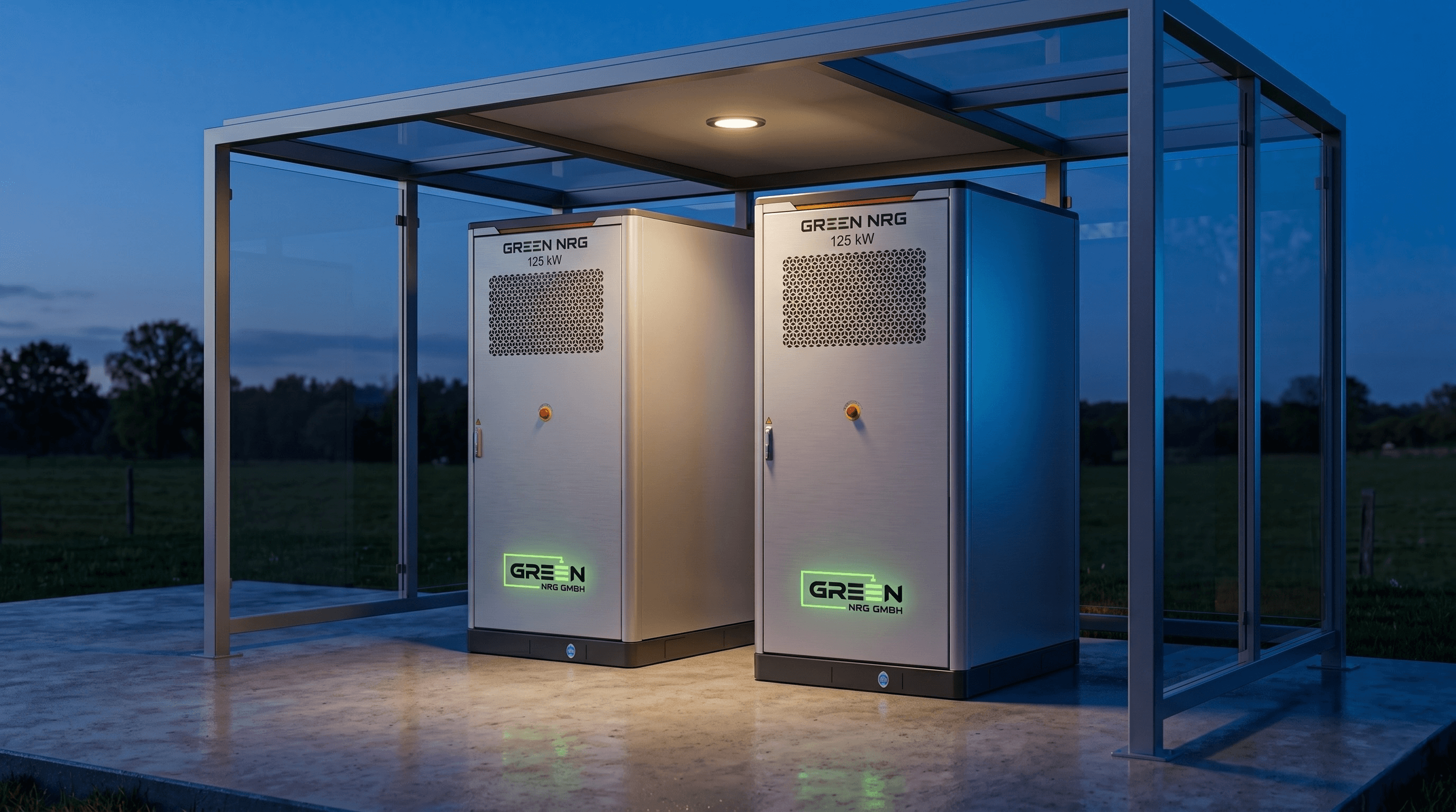 GREEN NRG 250 kW Container unter Glas-Stahl-Pavillon zur blauen Stunde